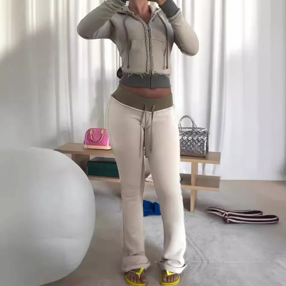 Leosoxs Patchwork 2 Piece Set Tracksuit Women Zip Wide Waist Crop Hooded Pocket Jacket Sporty Pants Matching Casual Basic Suit 250617