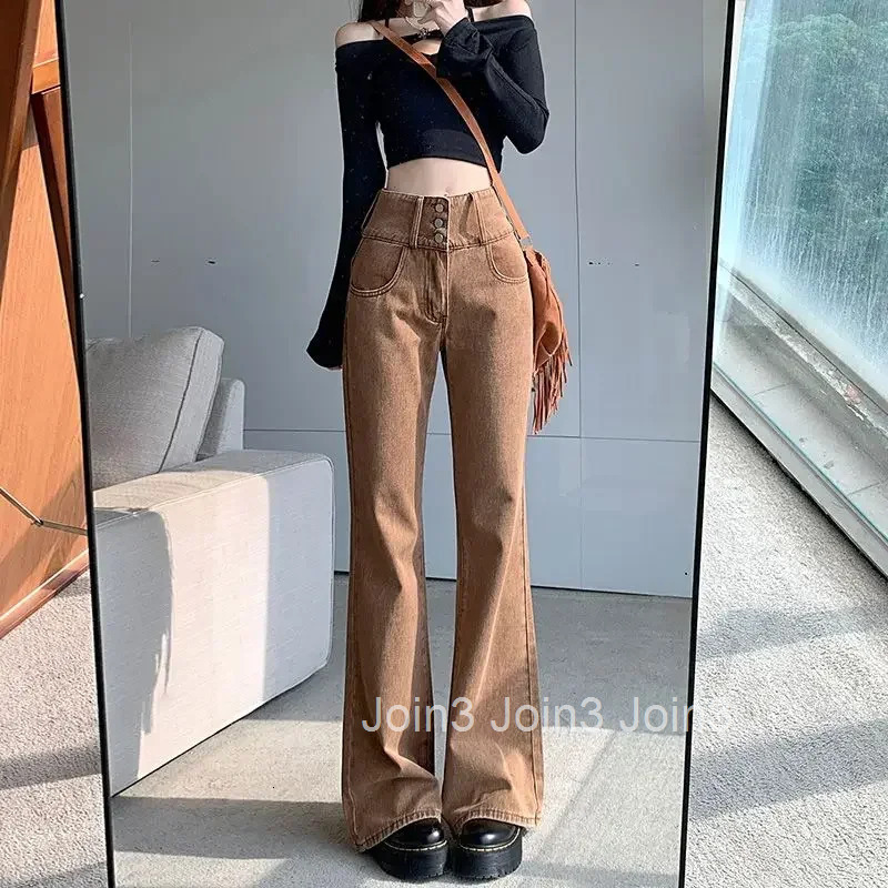 Brown Pants for Woman Flare Womens Jeans High Waist Shot Trousers Bell Bottom Flared Gyaru Wide Leg Hippie Korean Fashion Emo A
