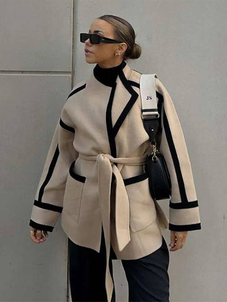 Fashion Spliced Girdle Coat For Long Sleeve Thicken Jackets 2024 Women New Elegant Autumn Winter Warm Clothing