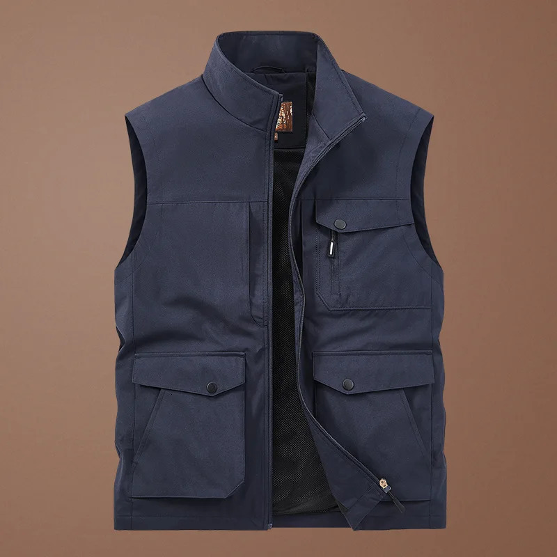 Mens Thin Tooling Loose Quick Drying Vest Mens Outdoor Sports Coat Multi Pocket Stand Collar Vest Spring Camping Fishing Vest 250617