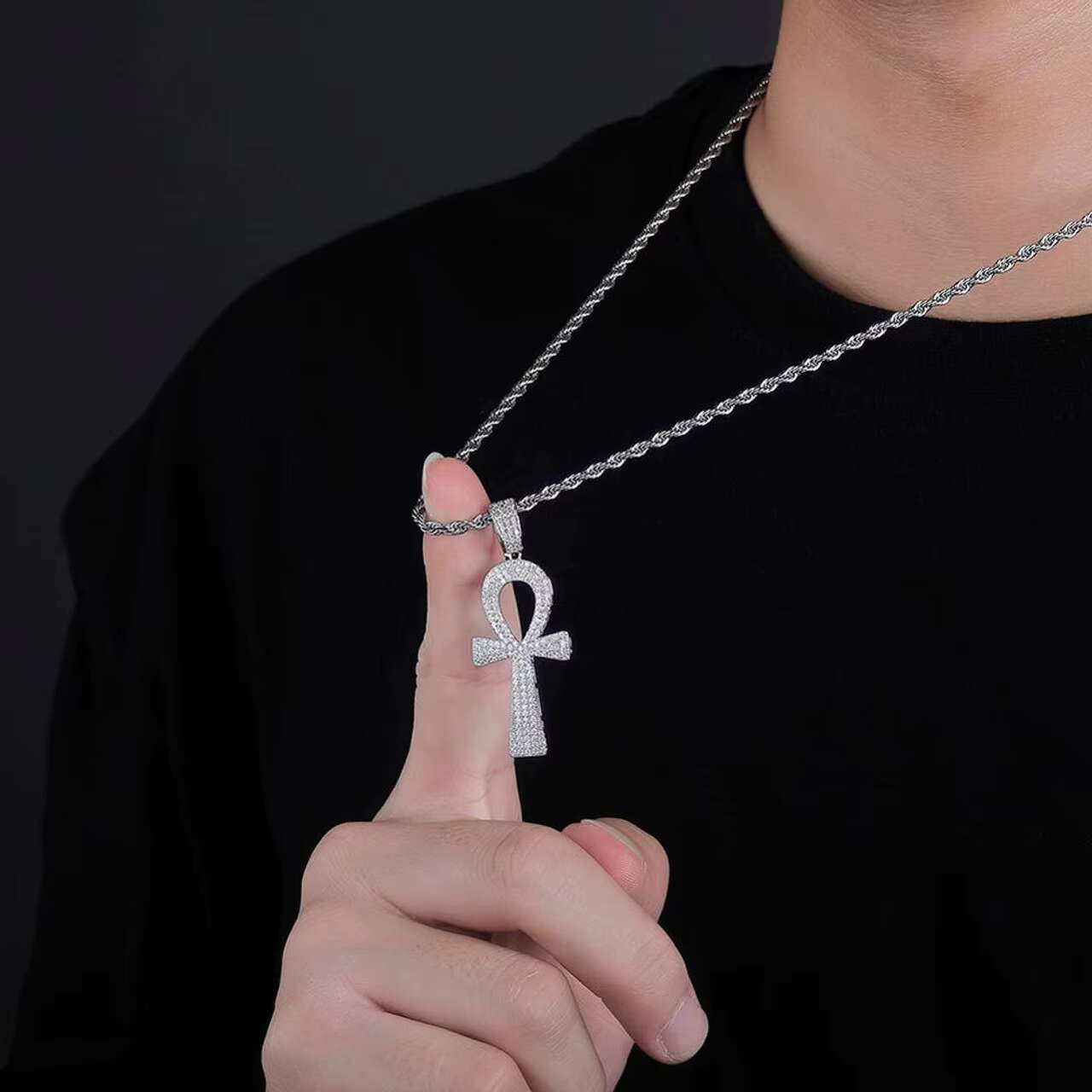 New Trend 14k Gold 925 Silver Hip Hop Style African Egyptian Ankh Cross Moissanite Pendant Chain Necklace Inspired African
