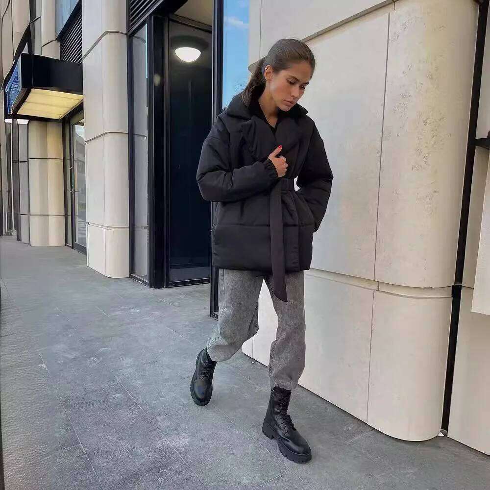 Winter Thick Stand Collar Parkas Fashion Tie Waist Coats Women Elegant Solid Short Padded Jackets Female Ladies