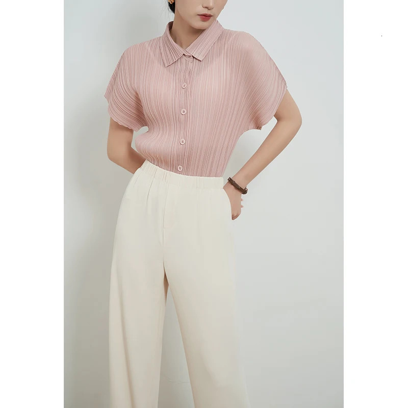 Miyake Pleated Cardigan Single Breasted Short Sleeve Polo Shirt Women Spring Summer Korean Fashion Causal Comfortable Clothing 250617