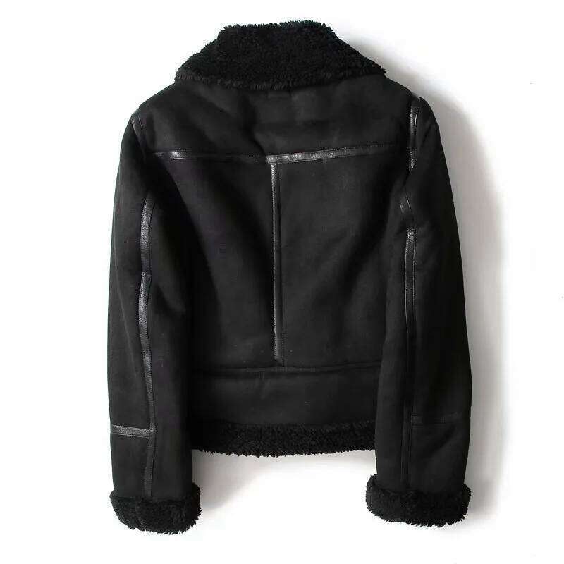 Women Winter Faux Shearling Sheepskin Fake Jackets Lady Thick Warm Suede Lambs Short Motorcycle Brown Coats Leather