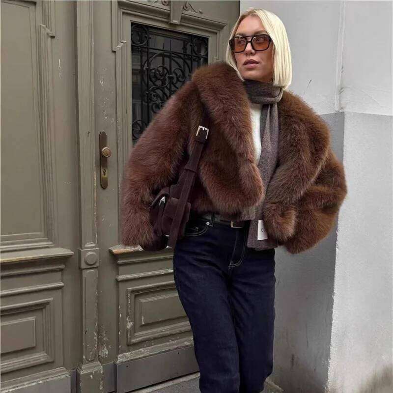 New European and American Style Winter Faux Eco-friendly Fox Fur Brown Short Retro Coat