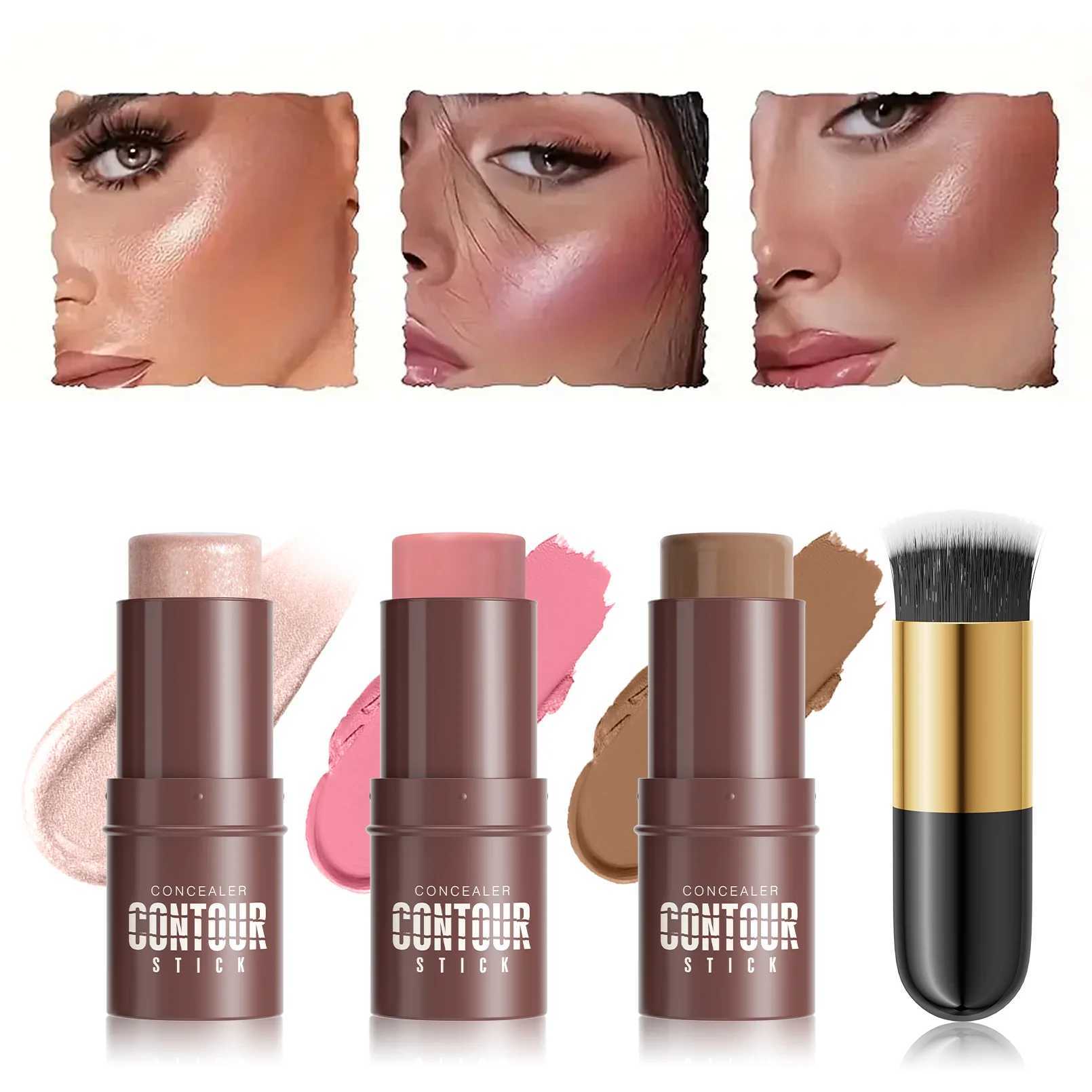 Contour Stick Set with Highlighter Blush Bronzer Plus Golden Powder Brush - Waterproof Cream for All Tones Medium Coverage XJ250618