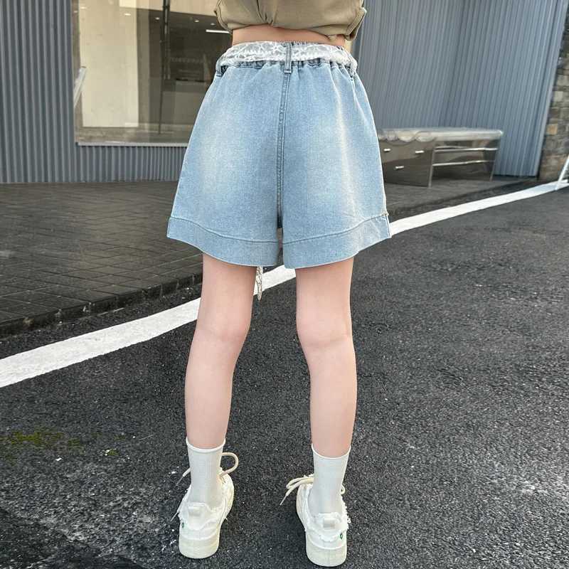 Girls lace belt denim shorts 2025 summer new product fashion jeans casual sports shorts 5-15 years oldC250617
