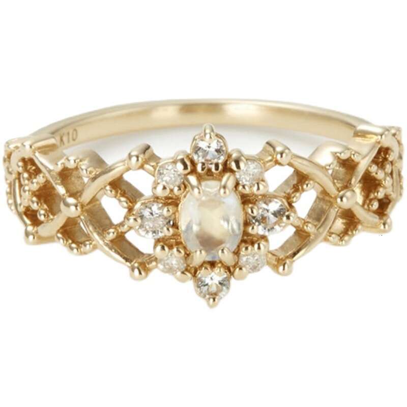 New Christmas Ring First Snow Crystal Moonstone Grid Lace Hollow Gold Plated Niche Design Ins