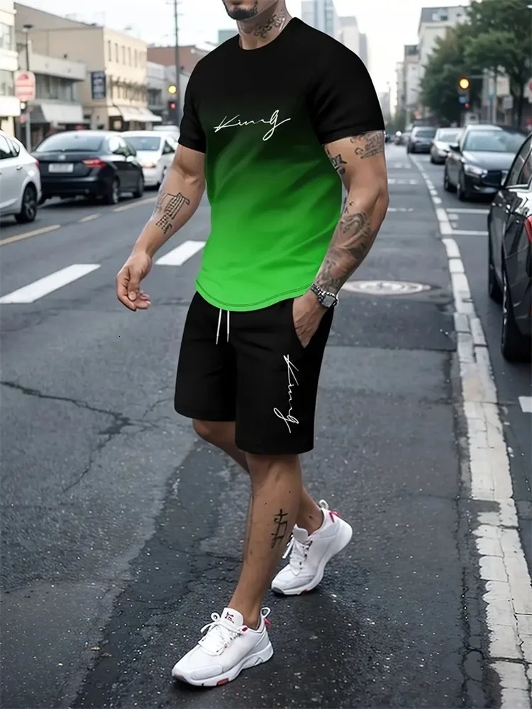 Mens Outfit Summer Short Sleeve T Shirt Set Fashion 2 Piece Sportswear 3D Printed Casual shorts Sweatshirt Tracksuit 250618