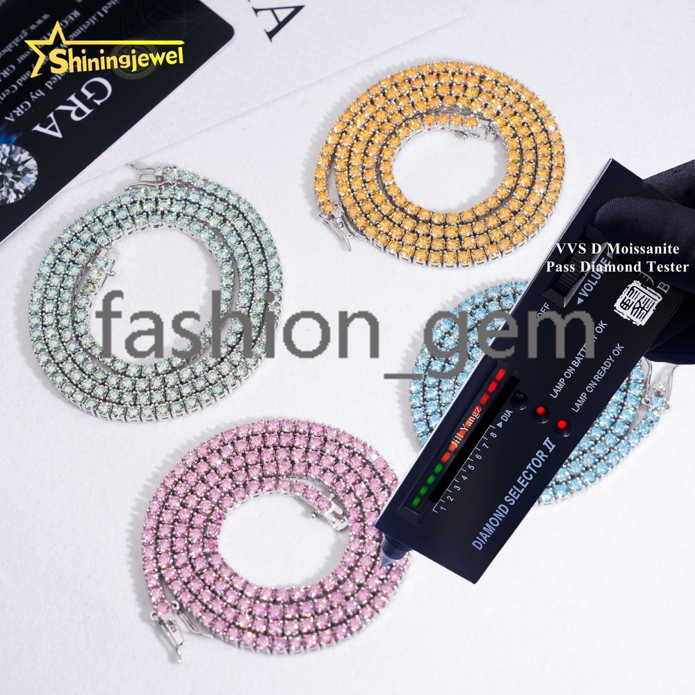 Pass Diamond Tester Blue Green Pink Sea Blue Golden Yellow 925 Moissanite Tennis Necklace Bracelet Tennis Chain Moissanite
