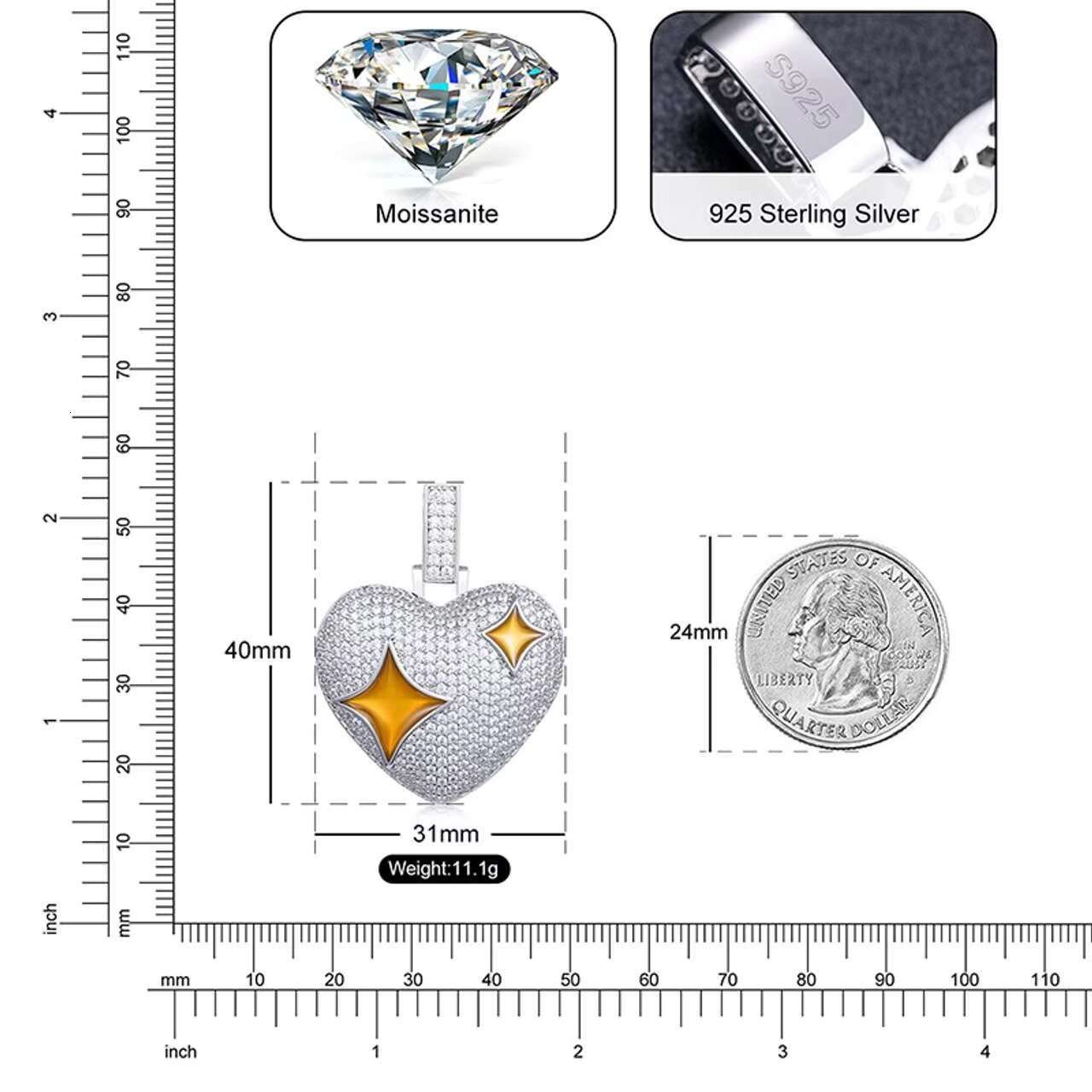 New Trendy VVS Moissanite Diamond Star in Heart Pendant Necklace 925 Sterling Silver Hip Hop in Style
