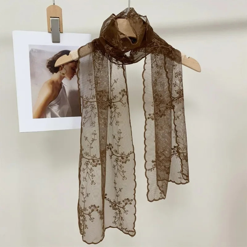 Summer 1PC Women Lace Long Scarf Embroidered Flower Long Silk Female Korean Version Literary Retro Versatile Decorative Shawl 250618