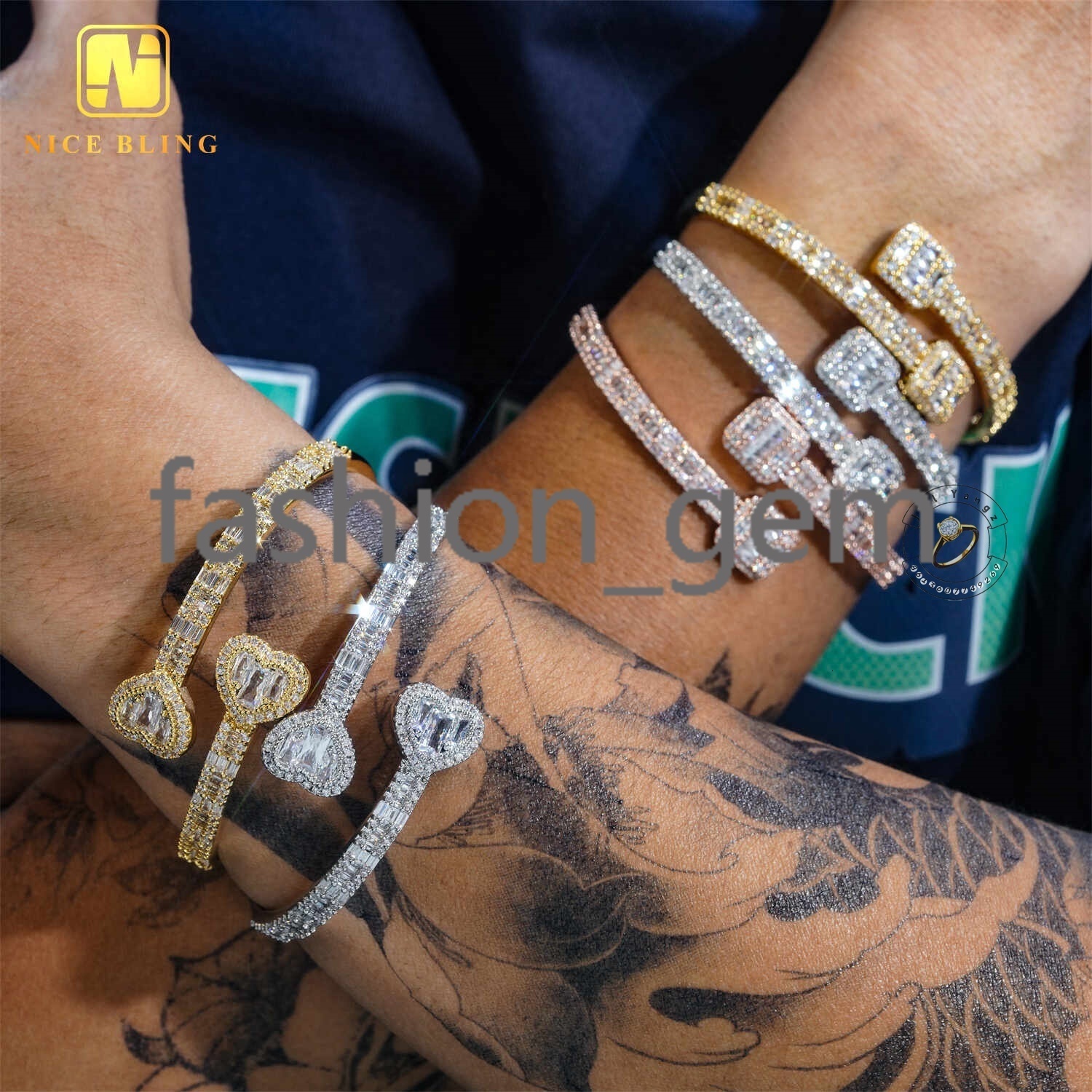 Ready Stock Good Quality Affordable Iced Out Bangle Bracelet 18k Gold Plated Necklace moissanite Jewelry Hip Hop Rock Gifts