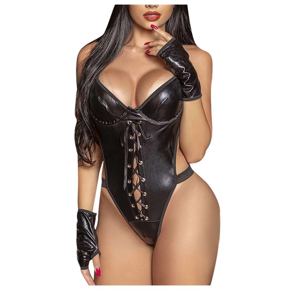 Sexy Women's Black Patent Leather One-piece Halter Lingerie