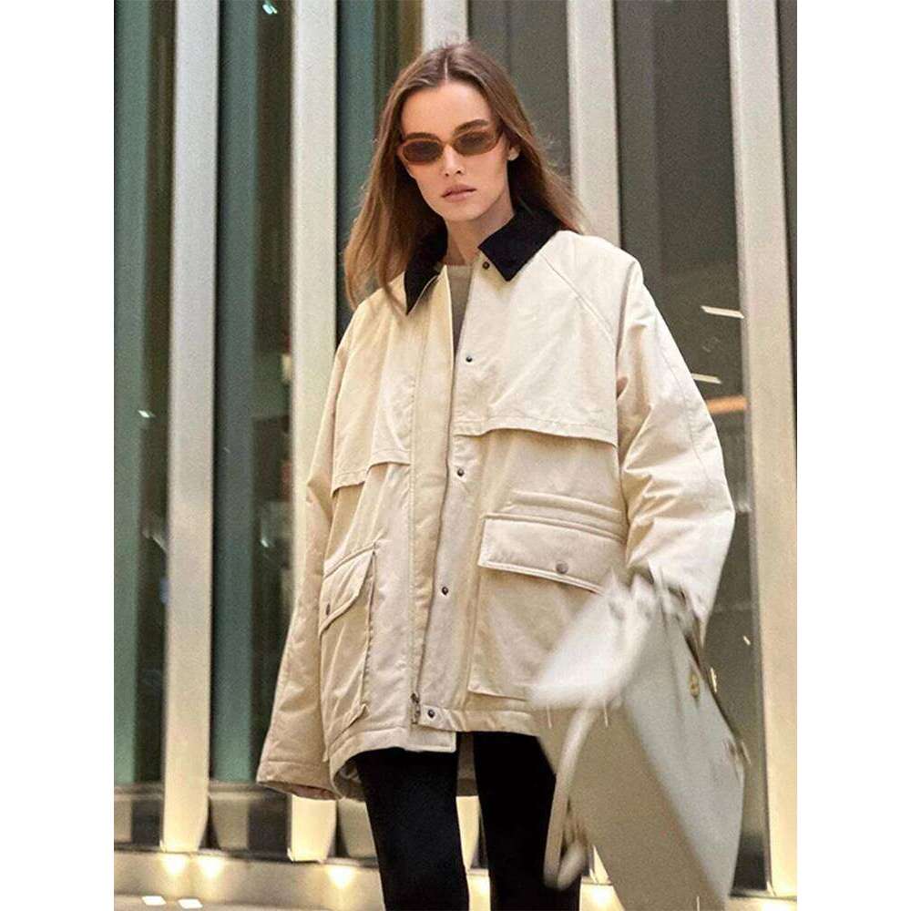 Contrast Lapel Women's Jackets Casual Long Sleeve Zipper Pocket Female Coats Autumn Winter Fashion Lady Streetwear Outwears