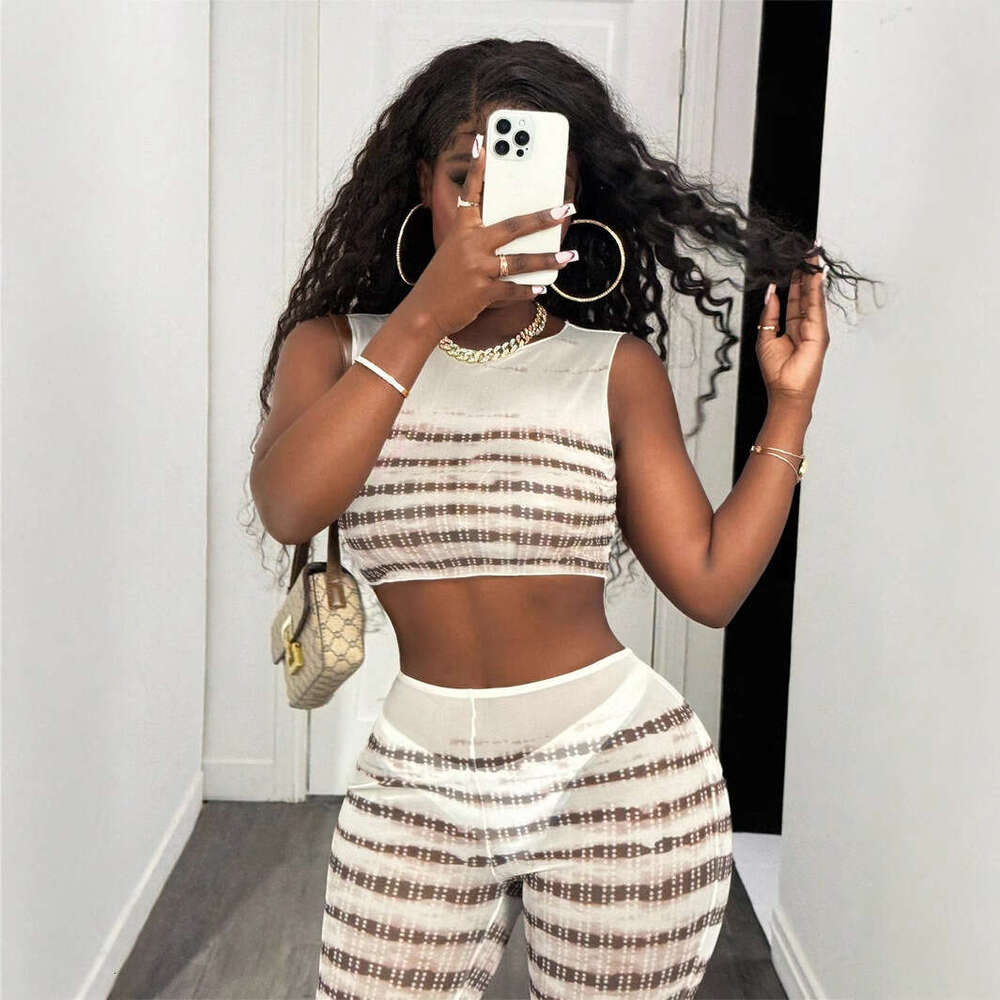 New Women's Fashion Sexy Hot Girl Sheer Mesh Printed Seamless Top Flared Pants Set B5