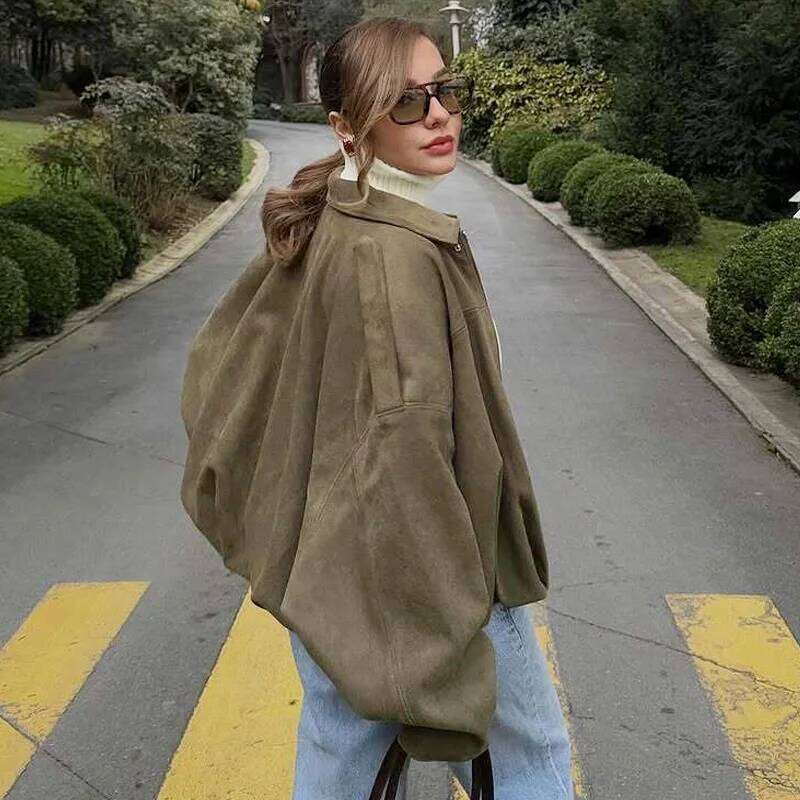 TRAF Cropped Oversize Outerwears Women's Jacket Spring Suede Bomber New In & Jackets Khaki Green Long Sleeve Coats