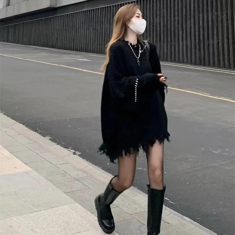 Black Loose Oversize Tassel Spliced Long Knitted Sweater Women Autumn Winter Patchwork Y2K Punk Gothic Sweater Knitwear Pullover 250614