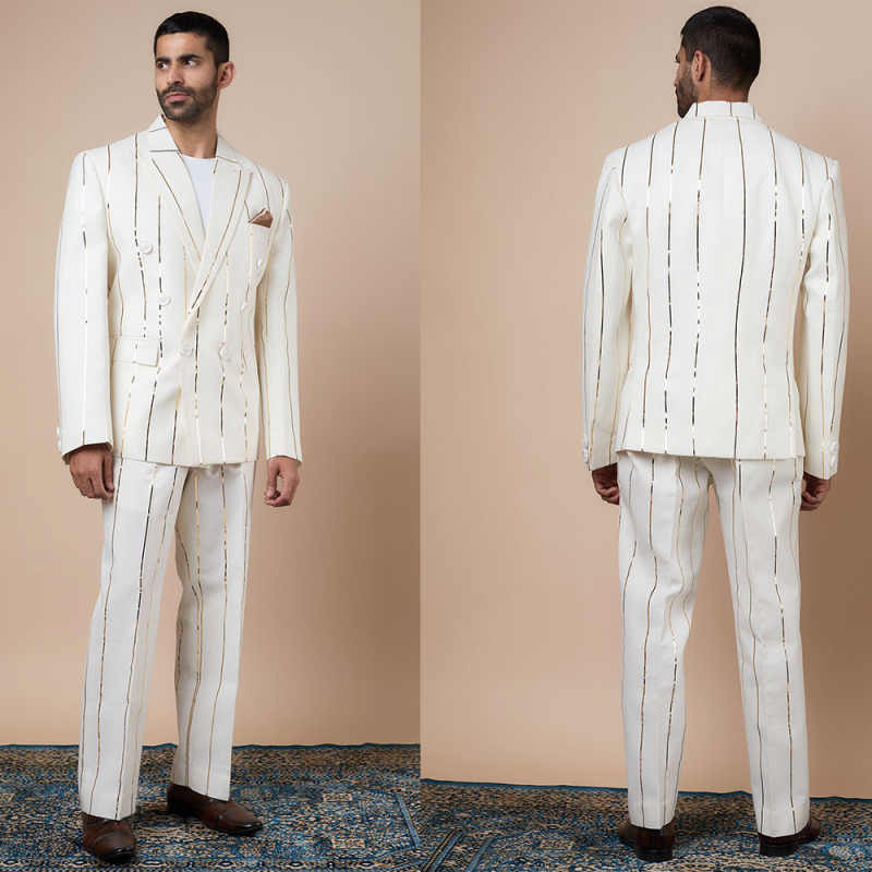 Simple Pinstripe Wedding Tuxedos 2 Piece Set Jacket Pants Men Suit Classic Fit Peaked Lapel Groom Wear Party Suits Customized