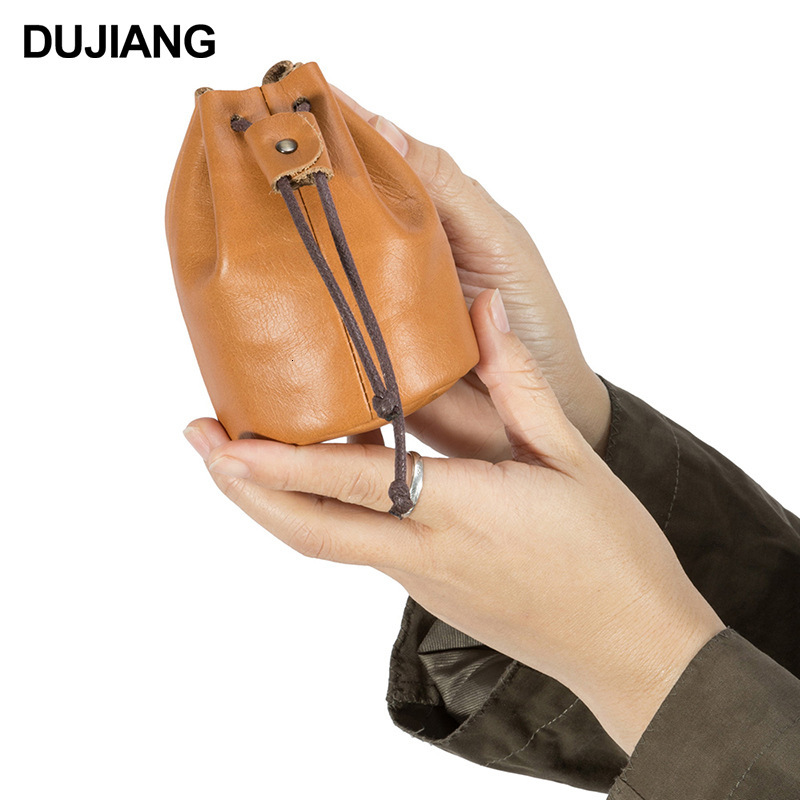 Free Shipping New Genuine Oil Luxury Wax Leather Mini Wallet Drawstring Coin Purse Designer Leather Mini Coin Bag Mobile Phone Bag