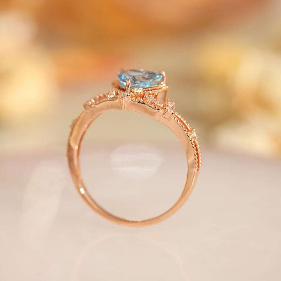 Trendy Live Streaming New High Imitation Blue Tourmaline Heart-shaped Simple Elegant Champagne Gold Plated Light Luxury Open Ring for Women