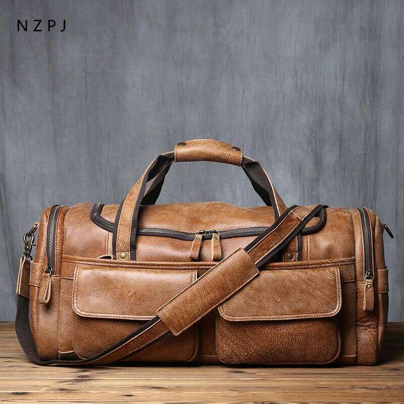 Retro Men's Hand Lage Leather Travel Top Layer Cowhide Large Capacity One Shoulder Messenger Bag Casual Laptop NZPJ