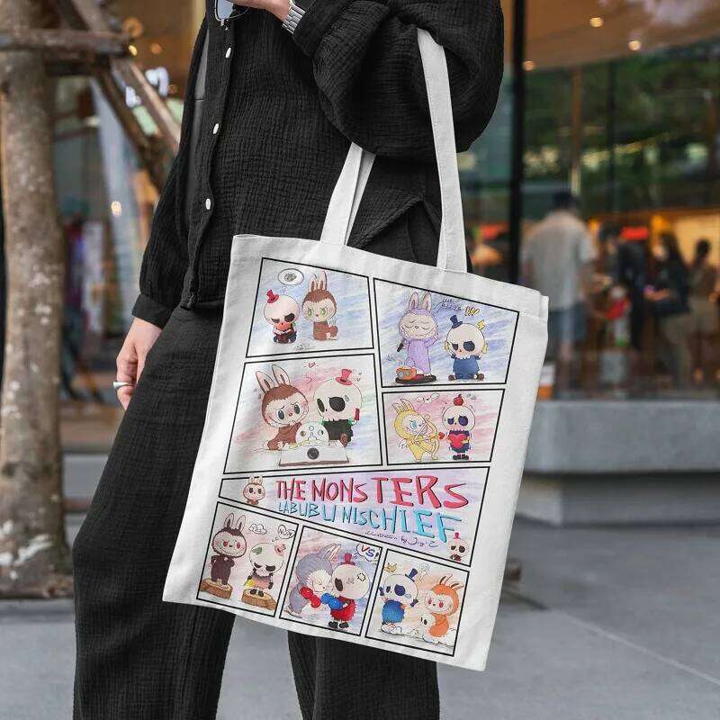 Labubu Canvas Female Cute Cartoon Shopping Handbag Casual Student Shoulder Bag The Monsters Crossbody Bags Girls Gift