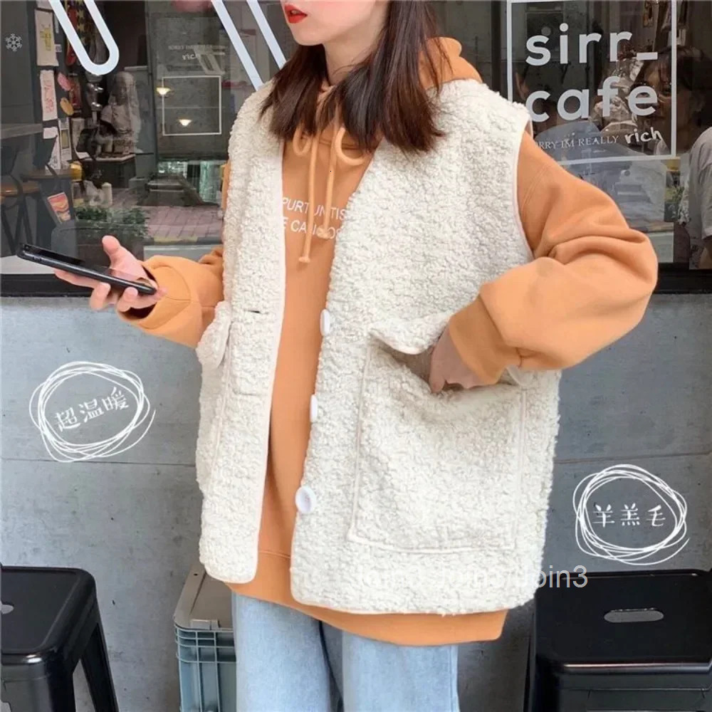 Lamb Plush Solid Color Korean Style Lady Giletes Autumn Warm Cold Clothes Fashion 2025 Womens Vests Coats on Sale Sleeveless