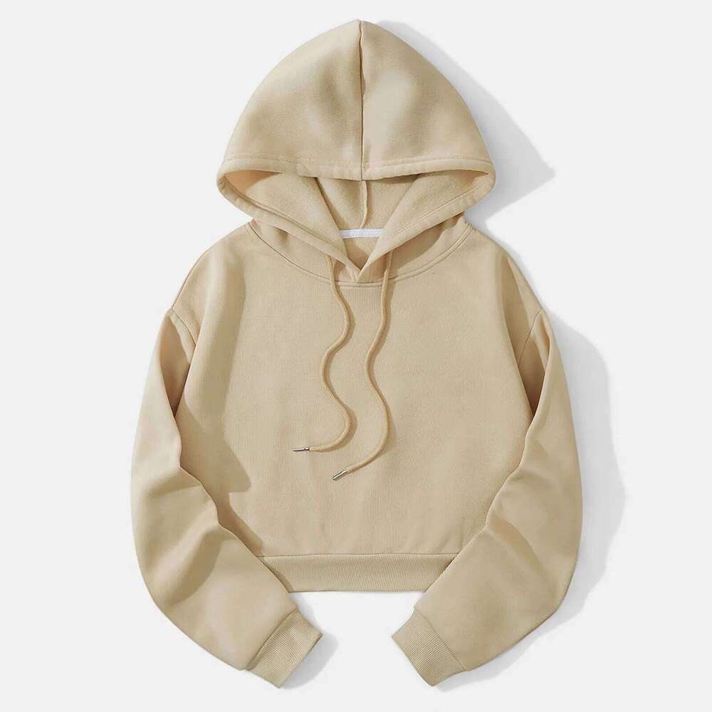 Women's Solid Color Cropped Hoodie, Warm Fleece Sweatshirt in Sporty Style, Loose-Fit Casual Brand Sweatshirt, Streetwear