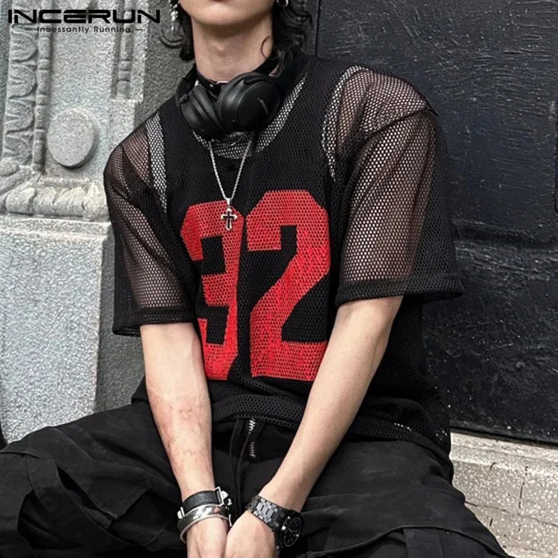 INCERUN Men T Shirt Mesh Transparent Printing O-neck Short Sleeve Sexy Men Clothing Streetwear Summer Fashion Male Tee Tops 250617