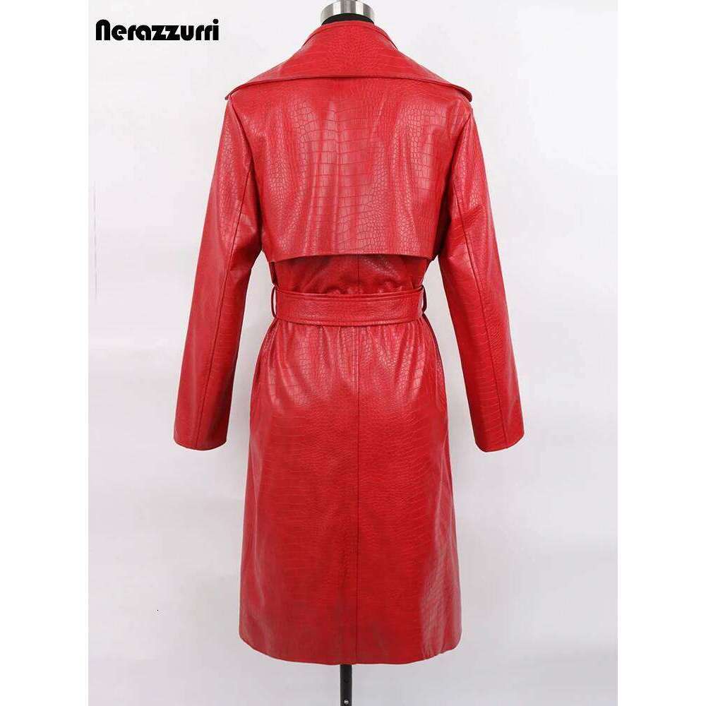 Nerazzurri Autumn Long Loose Red Crocodile Print Leather Trench Coat for Women Belt Double Breasted Waterproof Raincoat Fashion