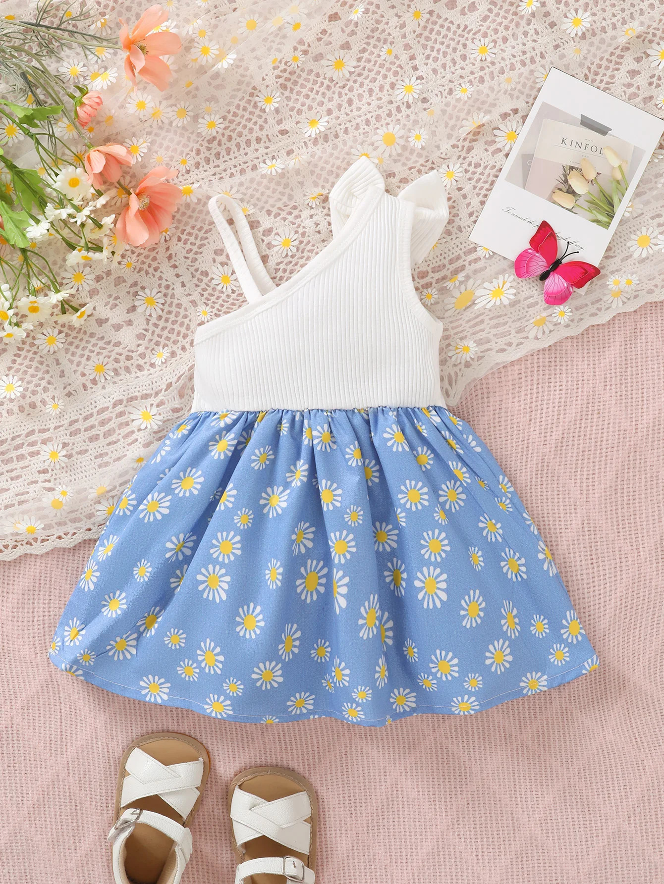Fashionable Baby Girl Summer Diagonal Shoulder Cute Sunflower Dress 250617