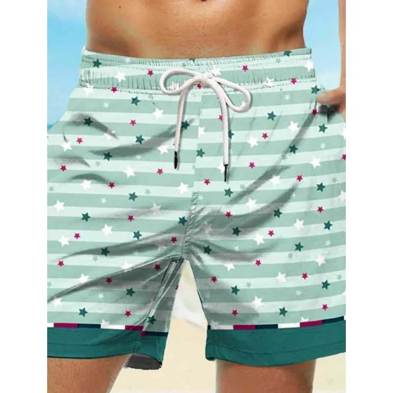 Fun Little Star Graphic Swim Trunk For Men Colorful Stripes 3D Print Short Pants Summer Loose Harajuku Sport Street Board ShortsXJ250618