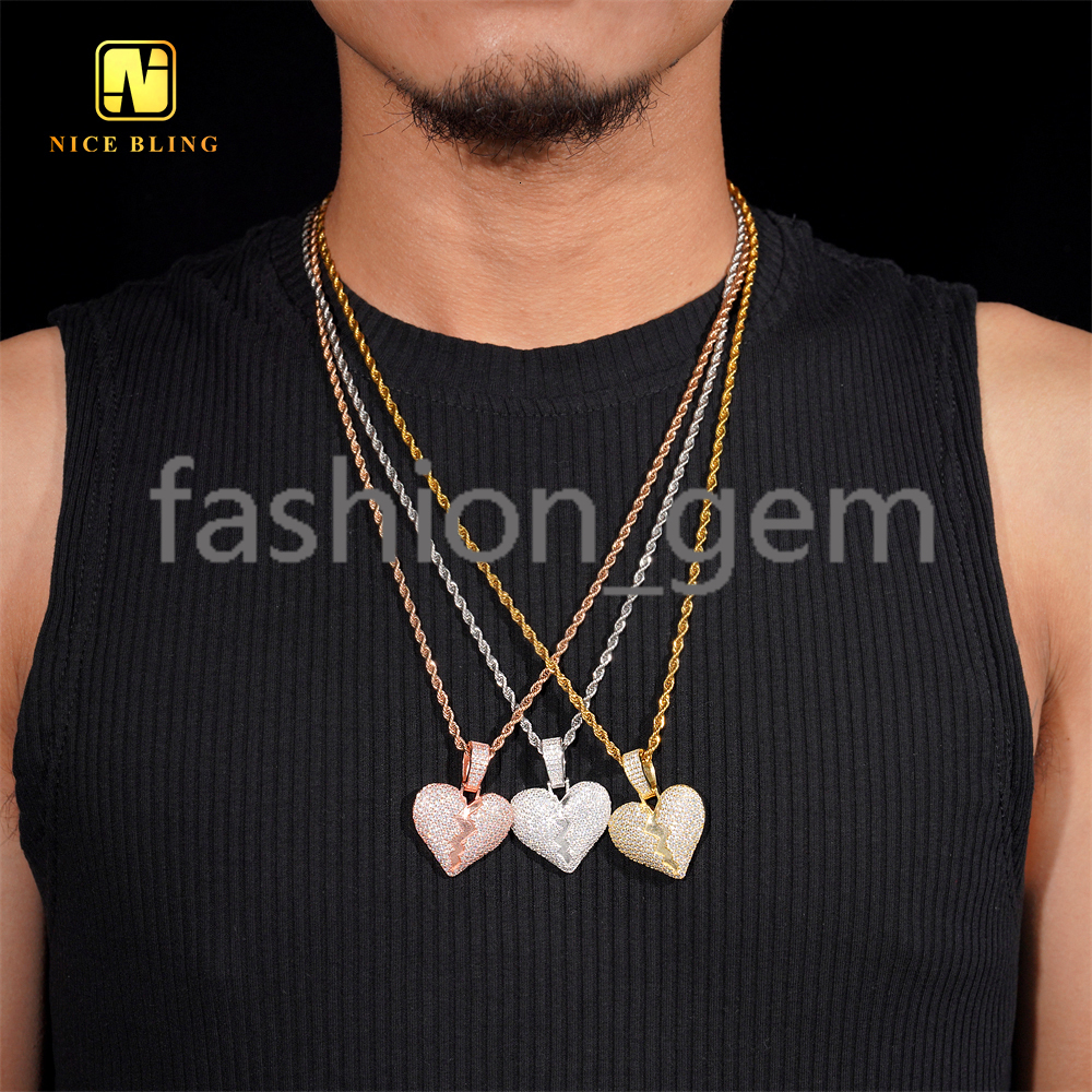 GRA Certificated 925 Sterling Silver Moissanite Pendant Broken Heart Iced Out Hip Hop Jewelry Pendants