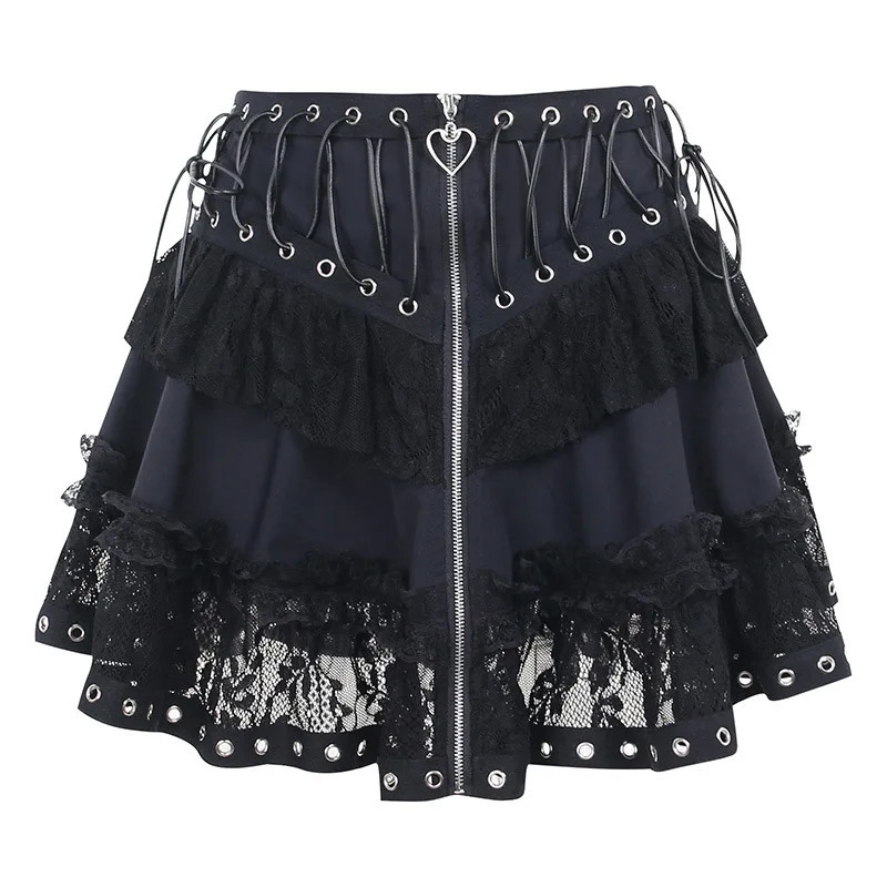 Womens Punk Vintage High Waist Skirt Zipper Front Japanese Style Kawaii Black Harajuku Gothic Skater Cosplay Mini Skirts 250617