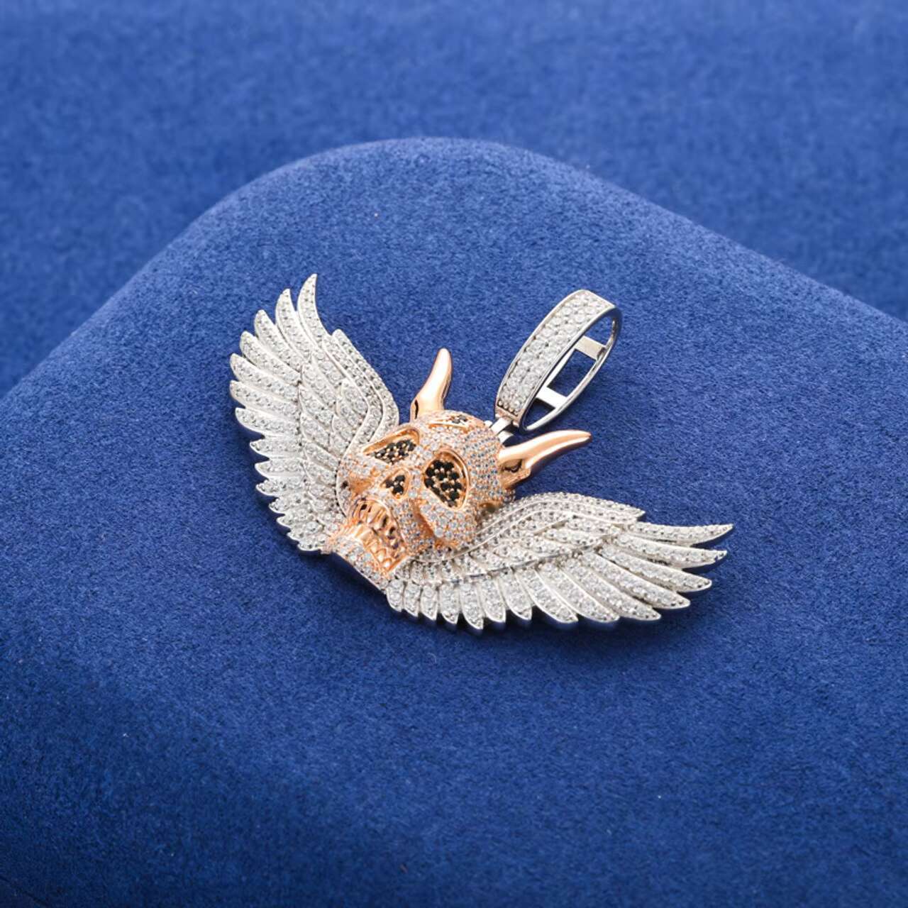 Luxury Hip Hop Solid 925 Silver Moissanite Diamond Pendant Necklace Premium Accessory with Fallen Angel Wings Demon Design