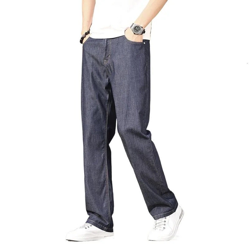 Summer Thin Mens Elastic Cotton Jeans Fashion Blue Comfortable Business Straight Casual Pants Male Clothes Trousers jeans 250617
