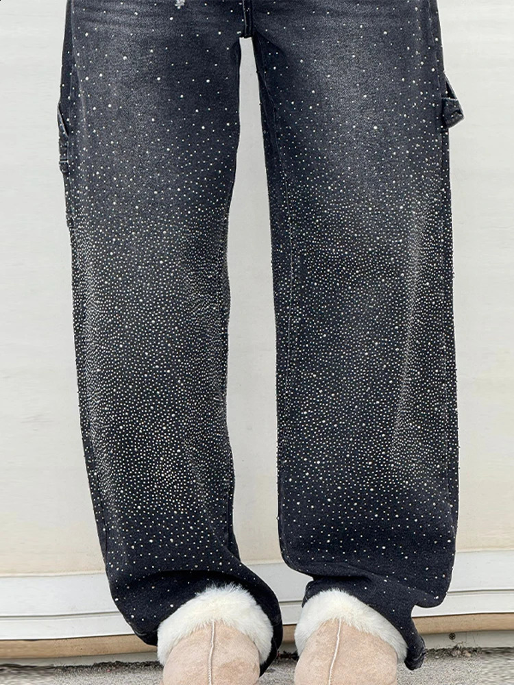 Shiny Rhinestone Baggy Womens Wide Leg Jeans Full Diamond Wide Leg Dragging Denim Pants Vintage Washed Pants Casual Trousers 250617