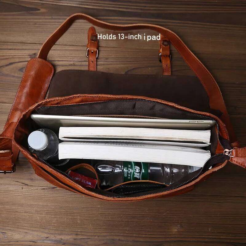 JLFGPJ Texture Original Vintage Old Rubbed Color Vegetable Tanned Cowhide Crossbody Bag Men's Genuine Leather Handheld Briefcase
