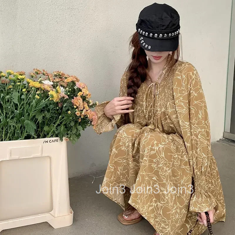 A Line Splicing Beach Woman Long Sleeve Dress Korean Style New Features of Elegant and Beautiful Aesthetic Y2k Dresses for Women