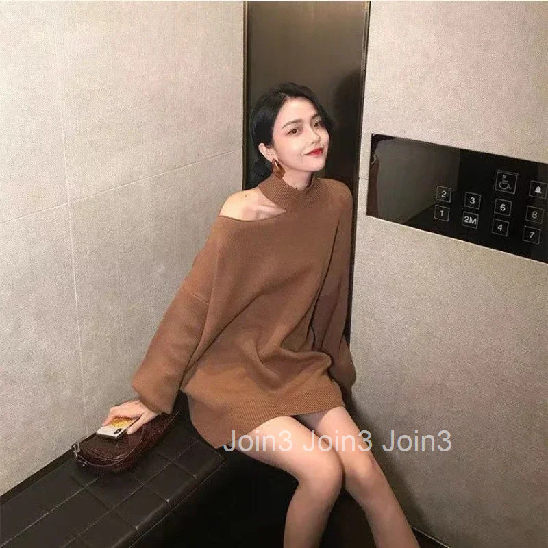 Womens Sweater Halter Neck Knit Tops for Woman Brown Off The Shoulder Pullovers Long Trend 2025 Sleeve Modern Korean Style Tall