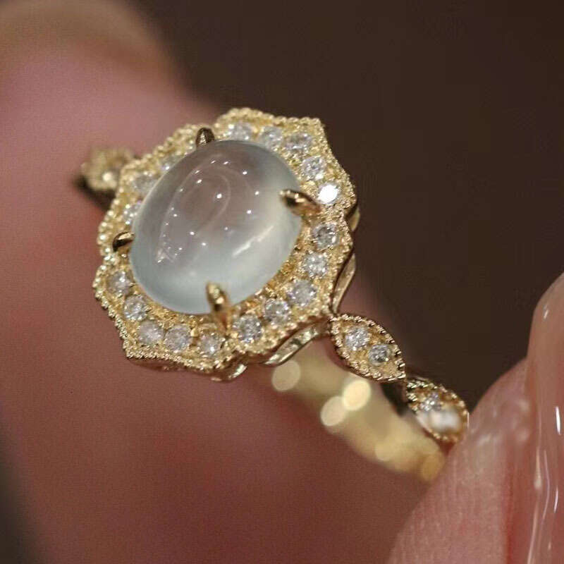 New High-End Romantic White Chalcedony Same Style Open Luxury Inlaid with Cabochon Ice Type Versatile Ring