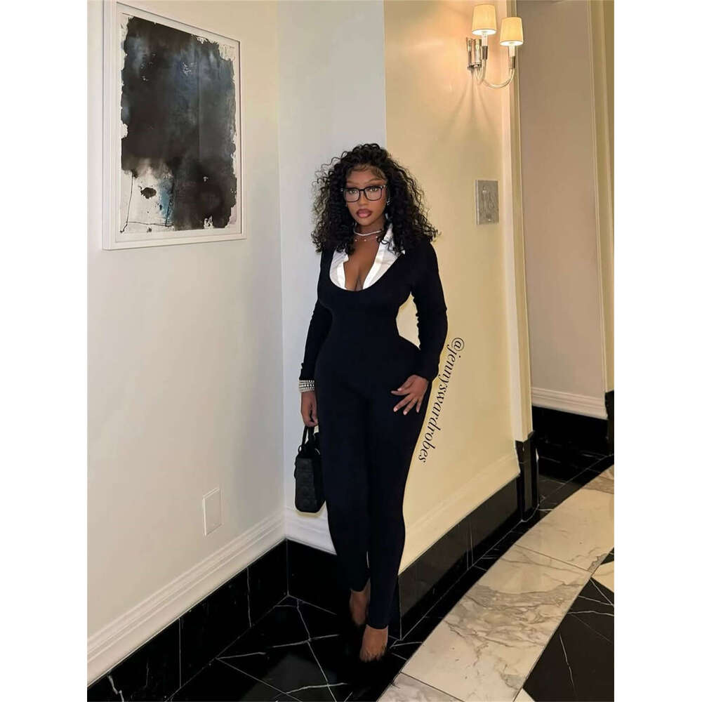 New Fashion Elastic Color-Block Fake Two-Piece Turn-Down Collar Long Sleeve Solid Color Jumpsuit For Women B5