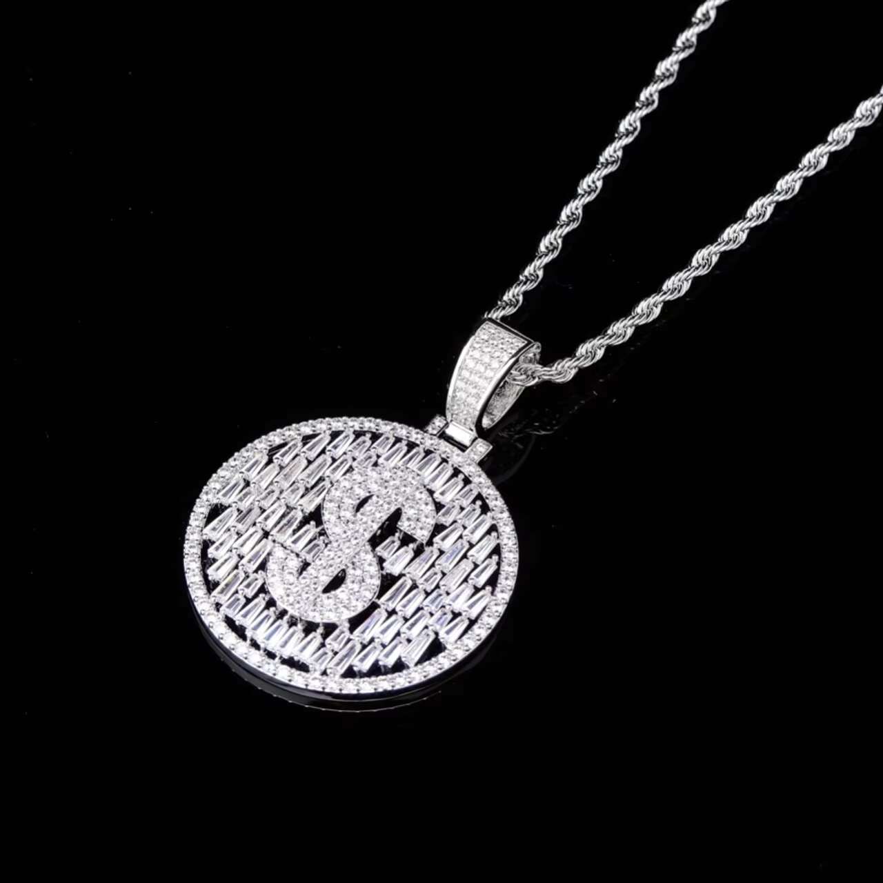 Luxury Hip Hop Style Bling Baguette Large Pendant Dollar Sign Necklace Moissanite Necklaces for Men and Women