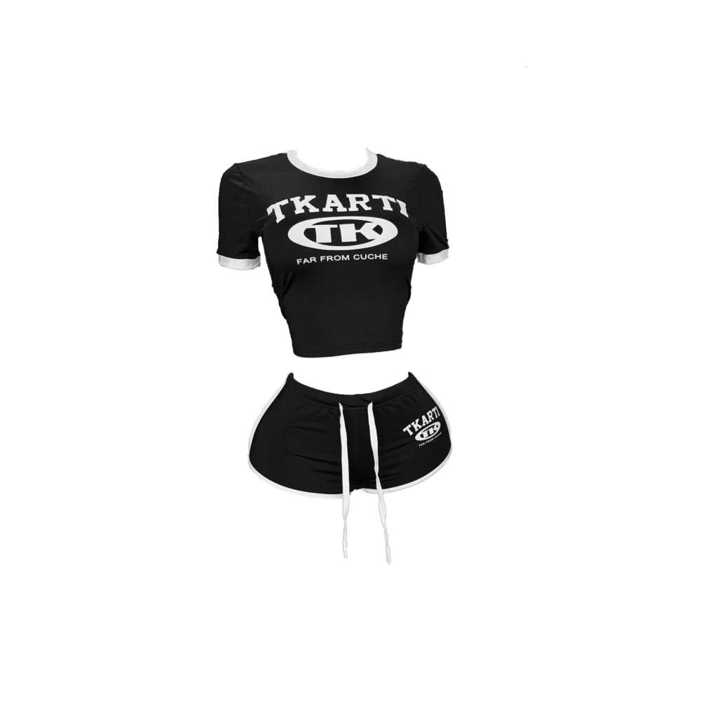 New Fashion Slim Fit Sexy Letter Print Elastic Sports Style Short Sleeve Tie Shorts Set For Women B5