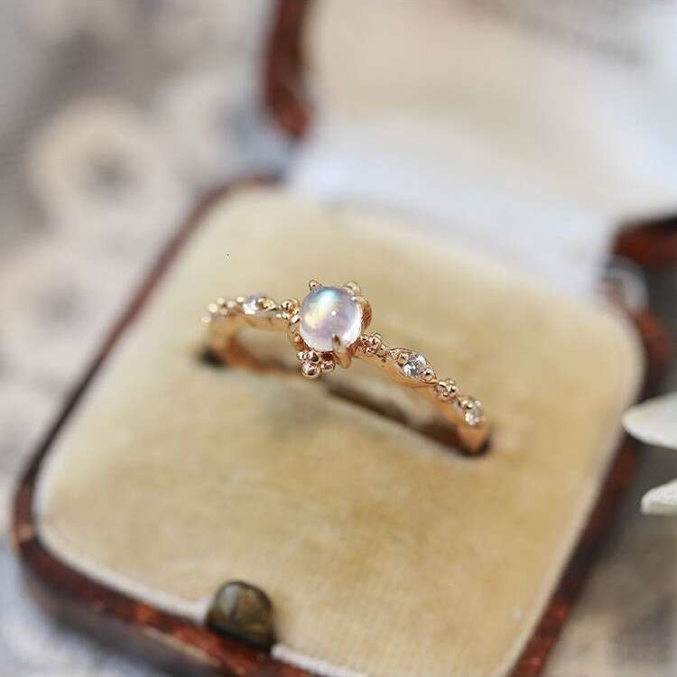 High Imitation Natural Blue Moonstone Adjustable Open Ring for Women, Gold Plated, Luxurious Inlay