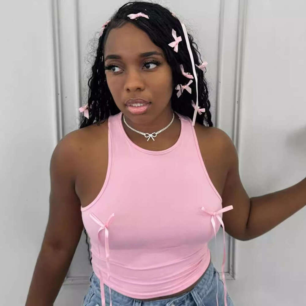 Summer New Slim Fit Fashion Solid Color Bowknot Girl Short Tank Crop Top B5