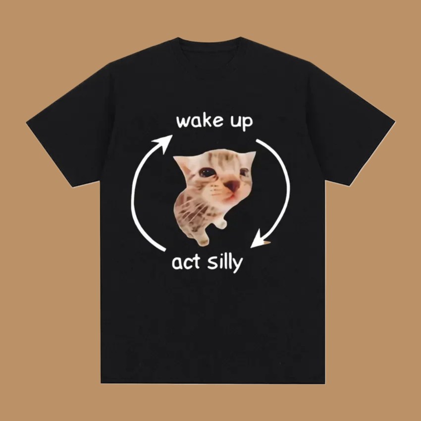 Wake Up Act Silly Meme Graphic T Shirt Funny Cute Cat Print Short Sleeve T-shirt Men Women Casual Oversized T Shirts 2025 New