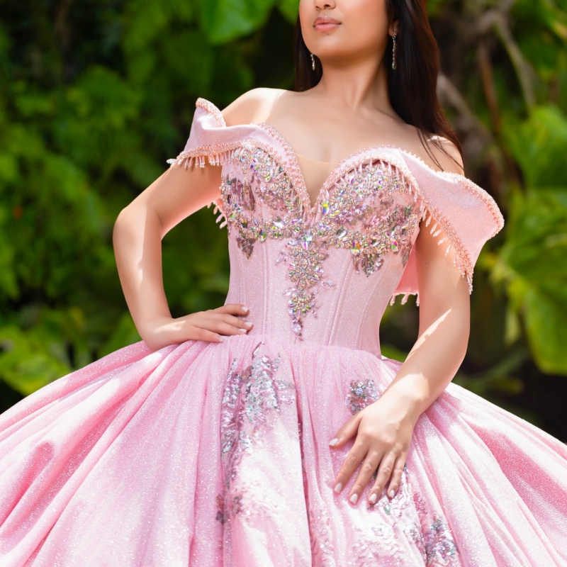 Pink Shiny Quinceanera Dresses Ball Gown Off The Shoulder Sequin Applique Lace Beading Tull Sweet 16 Dress Vestidos 15 De Anos