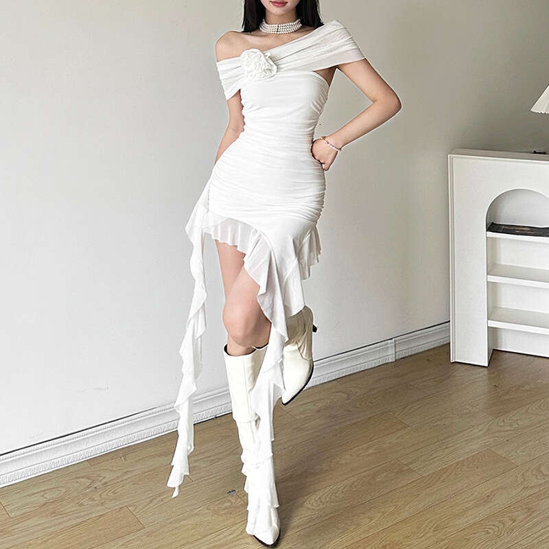 Spring New Women's Solid Color Slim Fit High Waist Fashion Off-Shoulder Tube Dress B5